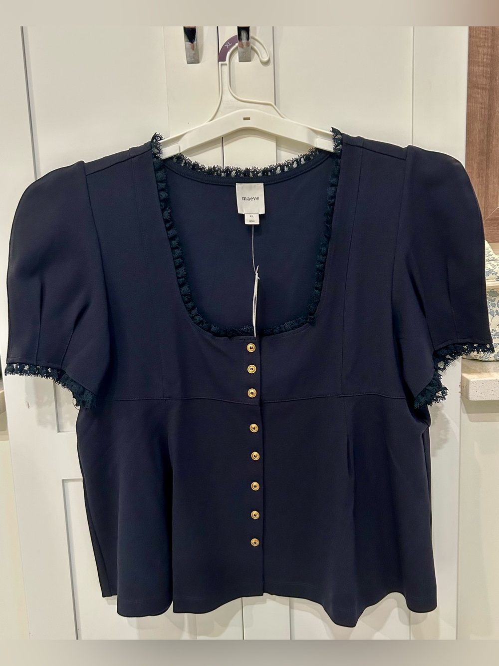 Anthropologie’s Maeve Navy Short Sleeve, Square-Neck Button Blouse